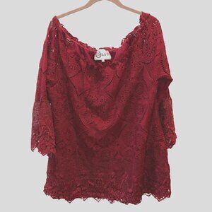 L & B Womens Small Medium Maroon Lace 3/4 Bell Sleeve\ Blouse Top Shirt S M